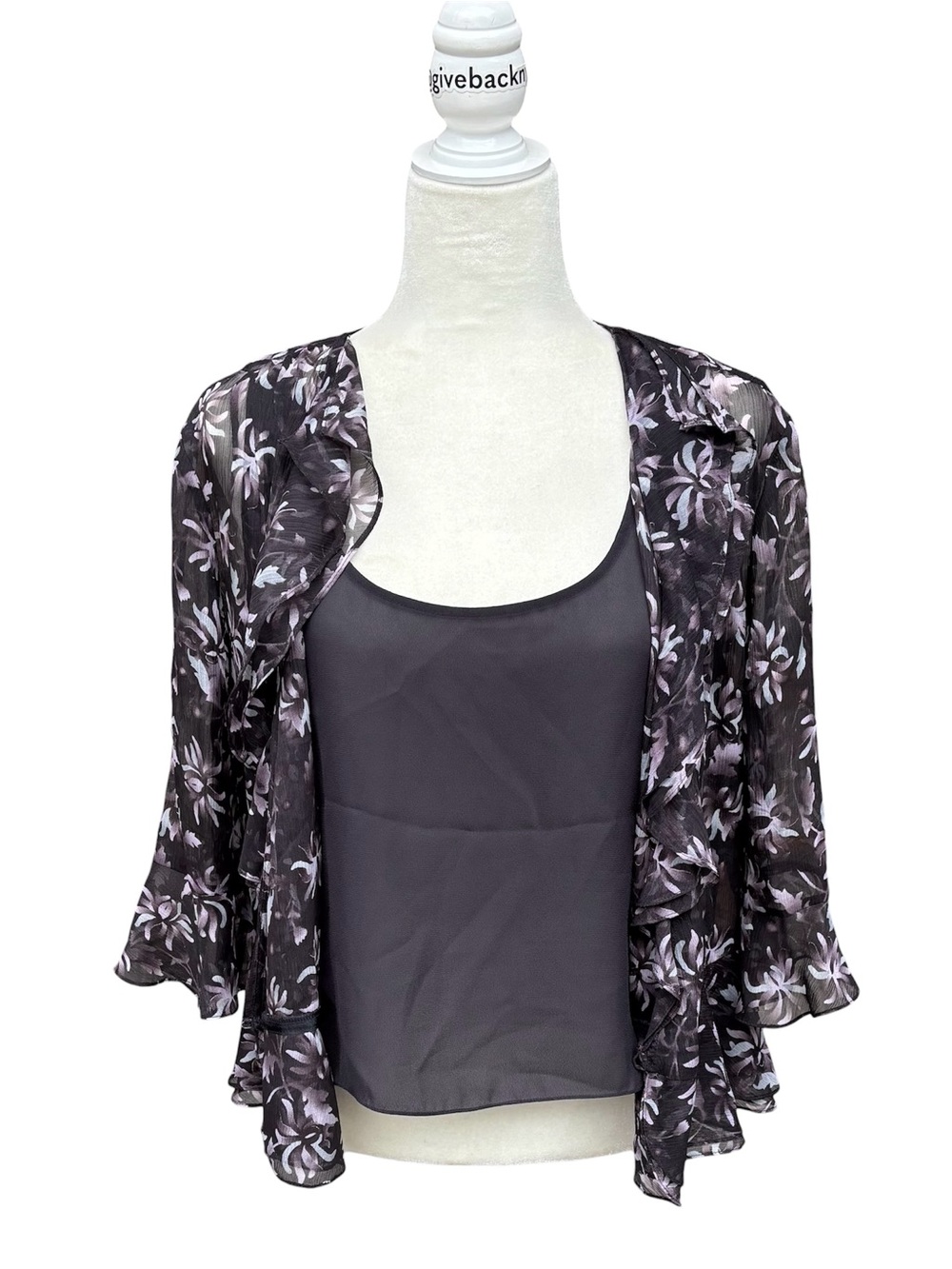 Vintage Jones New York 100% Silk 2pc Sheer Floral Cardigan & Tank Set Size L